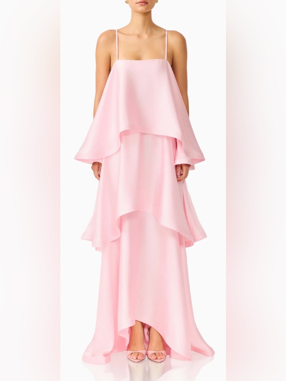 NEW Elliatt Tilly Tiered Maxi Dress blush pale pink satin fabric Sz M